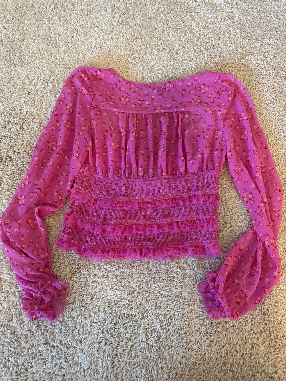 Free People Magenta Smocked Tie-Front Long Sleeve Top